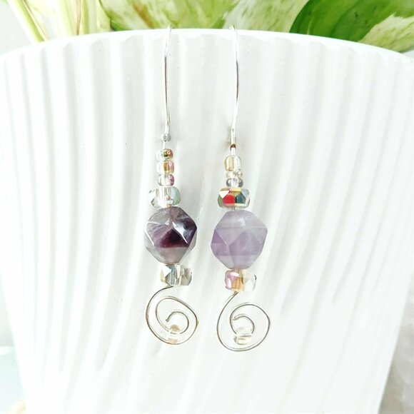 Boho Style Amethyst Dangle Drop Earrings, Crystal Gemstone Beaded Statement - Picture 1 of 10